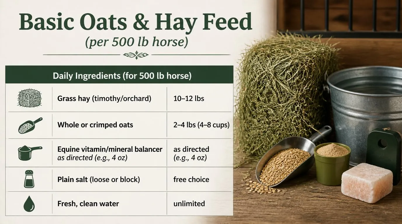 Horse eating oats and hay